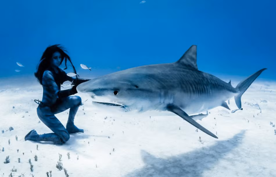 Hannah tiếp xúc rất gần gũi với những con cá mập hổ và để cho chính mình không bị cá mập hổ tưởng là bữa tối, Hannah đã phải di chuyển liên tục như một nàng tiên cá thực sự.