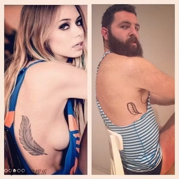Anh ta bắt chước từ những hình xăm và cả tạo dáng khoe ngực trá hình của cô gái. Đương nhiên là phiên bản của người đàn ông trông hài hước và "gợi đòn" hơn rất nhiều.