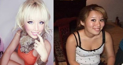 Hình ảnh so sánh của một trang mạng Singapore giữa ảnh mặt mộc và đã make-up của một cô gái được cho là gián tiếp gây ra cái chết của chàng trai trẻ. Ảnh mình họa
