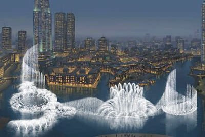 Đài phun nước Dubai, Các tiểu vương quốc Ả Rập: nằm trong lòng hồ Burj Khalifa rộng 12 héc-ta, đài phun nước Dubai được lắp 6.600 bóng đèn với 25 máy chiếu màu có thể tạo nên quang phổ 1000 màu. Cột nước của đài phun nước Dubai dài 275m và có chiều cao lên đến 150m. Nó quả là một công trình khổng lồ.