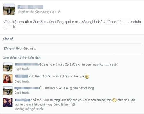 Facebook người thân hai bạn trẻ tràn ngập thương tiếc cùng nỗi xót xa trước hành động dại dột của đôi bạn trẻ.