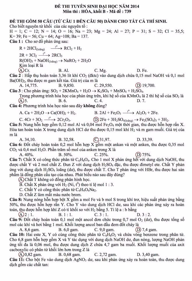 Goi y dap an de thi dai hoc mon Hoa khoi A