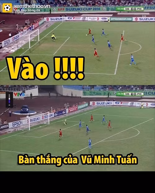 Sau bàn thắng của Hoàng Thịnh, ĐT Việt Nam vẫn liên tục tạo sức ép lên khung thành Philippines và điều gì đến cũng phải đến. Vũ Minh Tuấn băng xuống bên cánh phải và dứt điểm chéo góc nâng tỷ số lên 2-0.