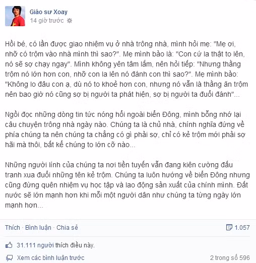 Dòng trạng thái đang thu hút sự chú ý của cư dân mạng của Giáo sư Xoay.