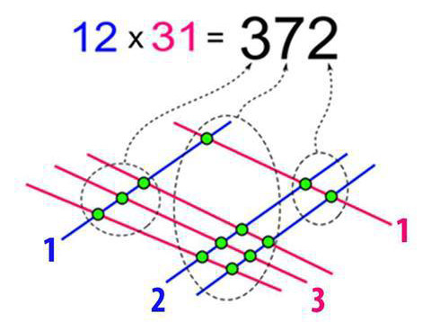  8. Phép nhân tập hợp các giao điểm. Giả sử hình minh họa ta có phép tính 12×31, như hình trên, các đường thẳng màu xanh tượng trưng cho số 12, các đường thẳng màu đỏ tượng trưng cho 31. Nhóm các giao điểm theo hướng xiên thành 3 tập hợp như hình vẽ. Ta sẽ có 3 nhóm 3, 7, 2 từ trái qua phải và đó cũng là kết quả của phép nhân 12×31=372.