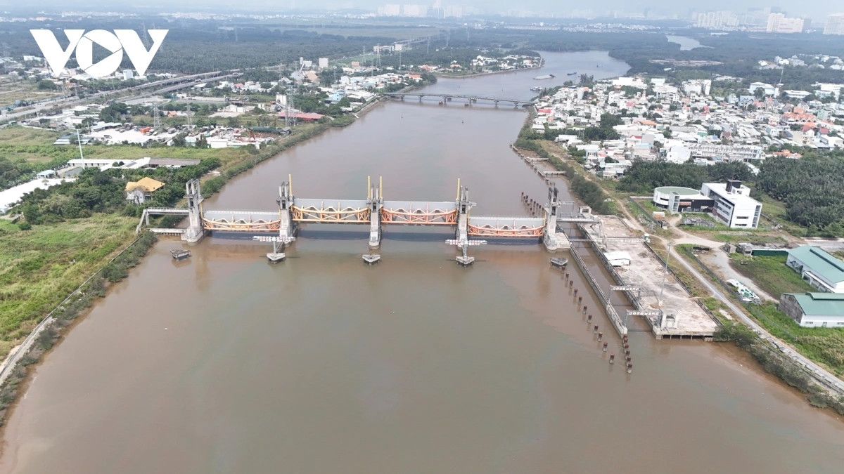 Cống ngăn triều Mương Chuối (huyện Nhà Bè) lớn nhất trong 6 cống thuộc dự án ngăn triều với chiều dài hơn 200m với 4 cửa van ngăn triều nặng từ 230-320 tấn đã được lắp.