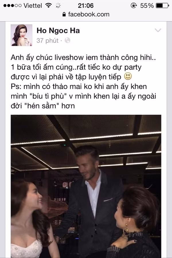 Và Hồ Ngọc Hà "sướng rơn" khi đăng tải trên mạng xã hội tấm hình chụp chung với Beck và không ngớt lời khen phong độ của cựu cầu thủ 39 tuổi này.