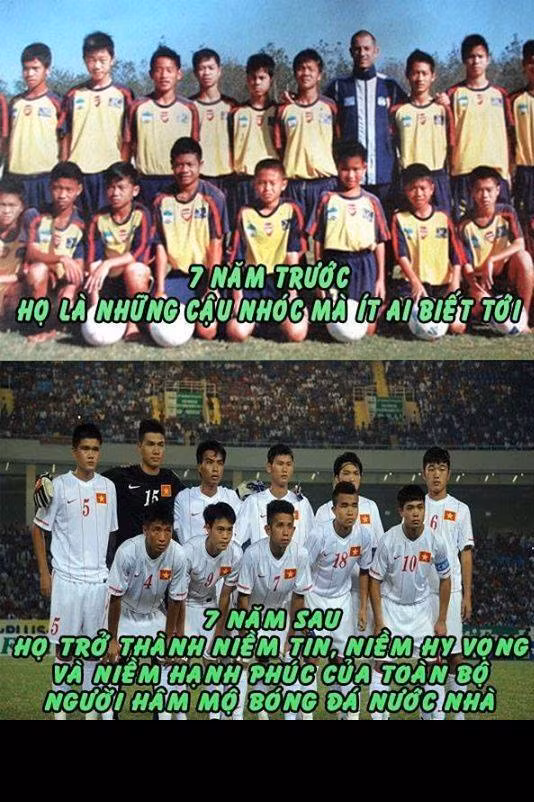 Và cũng sau 7 năm, một lứa cầu thủ được mài giũa kĩ càng để làm nên niềm tự hào của bóng đá Việt Nam. Sau chiến thắng đáng tự hào trước U19 Myanmar, cư dân mạng Việt thi nhau chế ảnh khen ngợi các cầu thủ trẻ đã mang lại cho khán giả nhiều cảm xúc.
