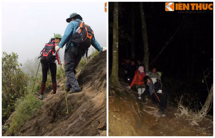 Tiếp tục những đoạn đường gian nan, cheo leo trên triền núi. Với địa hình hiểm trở, cùng với những mối nguy hiểm rình rập, đoàn nào cũng có người dân địa phương dẫn đường để đảm bảo an toàn.