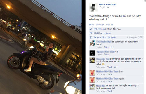 Mới đây, nhiều tờ báo trong và ngoài nước đồng loạt đăng bức ảnh một cô gái Việt Nam vừa đi xe vừa cầm điện thoại chụp ảnh David Beckham khi anh này có chuyến thăm Việt Nam hồi đầu tháng 11 vừa qua. Ảnh: FBNV.