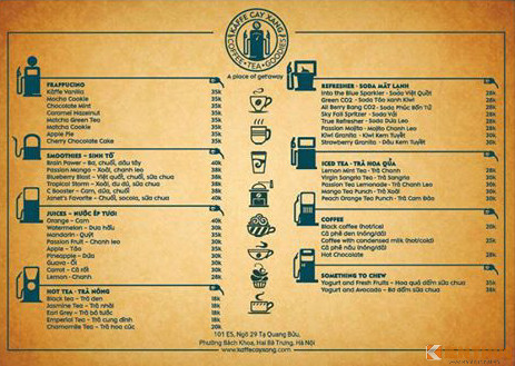 Nằm nơi trung tâm của các trường đại học lớn nên Menu của Kaffe Cây Xăng cũng rất sinh viên. Chỉ với 20.000 đến 40.000 đồng, các vị khách trẻ đã có một món đồ uống ngon lành.
