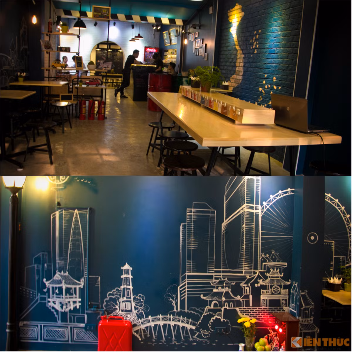 Không gian giữa quán được bài trí những chiếc bàn dành cho 2 người ngồi để dành cho các cặp đôi. Những bức tranh tường kết hợp giữa tone màu xanh lam và điểm vào đó là sơn trắng tạo nên một không gian trẻ trung và nhộn nhịp cho quán.