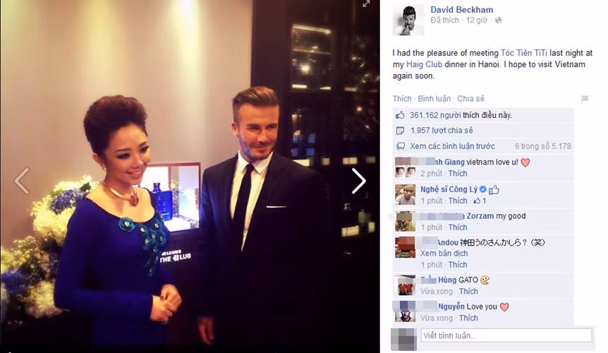 Người được sánh bước cùng với David Beckham trong lần cầu thủ này trở lại Việt Nam là ca sĩ Tóc Tiên. Sau khi gặp Tóc Tiên, Beckham đã khoe ngay ảnh trên trang cá nhân của mình.