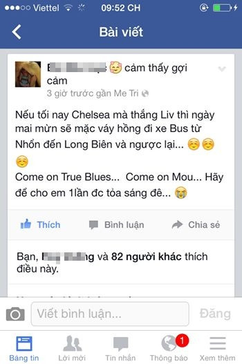 Dòng trạng thái được chia sẻ của B.N.L trước khi trận đấu diễn ra. Sau khi kết quả rõ ràng, chàng trai đã giữ đúng lời hứa, mặc váy đi xe buýt. Bức ảnh được chụp lại khi B.N.L thực hiện lời hứa này. Được biết, chuyến xe buýt 32 lúc đó đã có rất nhiều người tò mò và chụp lại sự việc.