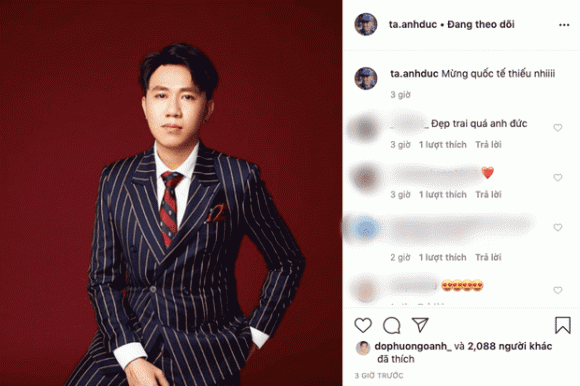Sau thời gian im hơi lặng tiếng, Anh Đức cũng đã có động thái mới trên Instagram cá nhân. Nam diễn viên nhất quyết không đả động gì tới ồn ào vừa qua chỉ đăng tải hình ảnh diện vest bảnh bao và gửi lời chúc mừng nhân dịp Quốc tế thiếu nhi 1/6 tới các em nhỏ. (Ngôi sao)