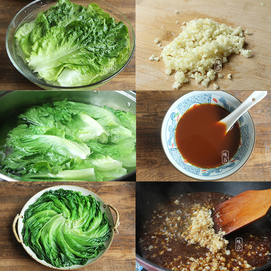 Xà lách rửa sạch, tỏi băm nhỏ, trộn gia vị vào một bát nhỏ, khuấy đều rồi đặt sang một bên. Đun sôi nước có thêm một chút dầu và muối, cho rau xà lách vào chần trong 1 phút rồi vớt ra sắp xếp lên đĩa. Cho một chút dầu vào chảo khác, cho bát gia vị lúc nãy vào đun sôi, điều chỉnh lại gia vị cho vừa miệng rồi, đợi nước sốt sánh lại thì đổ lên đĩa xà lách.