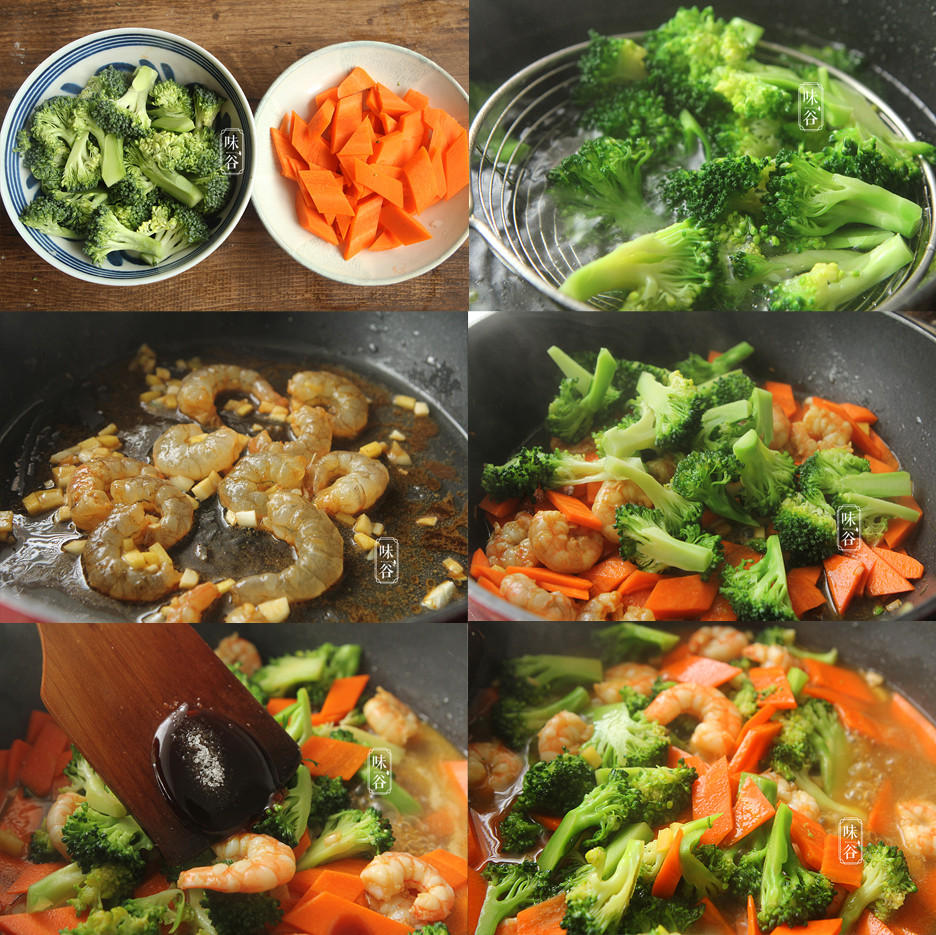 Bông cải xanh cắt thành những miếng nhỏ, cà rốt gọt vỏ cắt miếng mỏng. Đun sôi nước có thêm vài giọt dầu, cho bông cải xanh vào luộc trong 1 phút. Tôm bóc vỏ rửa sạch, ướp với một ít nước tương và rượu nấu ăn trong 5 phút. Phi thơm hành tỏi, cho bông cải xanh và cà rốt vào đảo đều, cuối cùng là thêm gia vị, nêm nếm lại cho vừa miệng, xào trong 1 phút nữa là được. Xà lách xào với tỏi và dầu hào