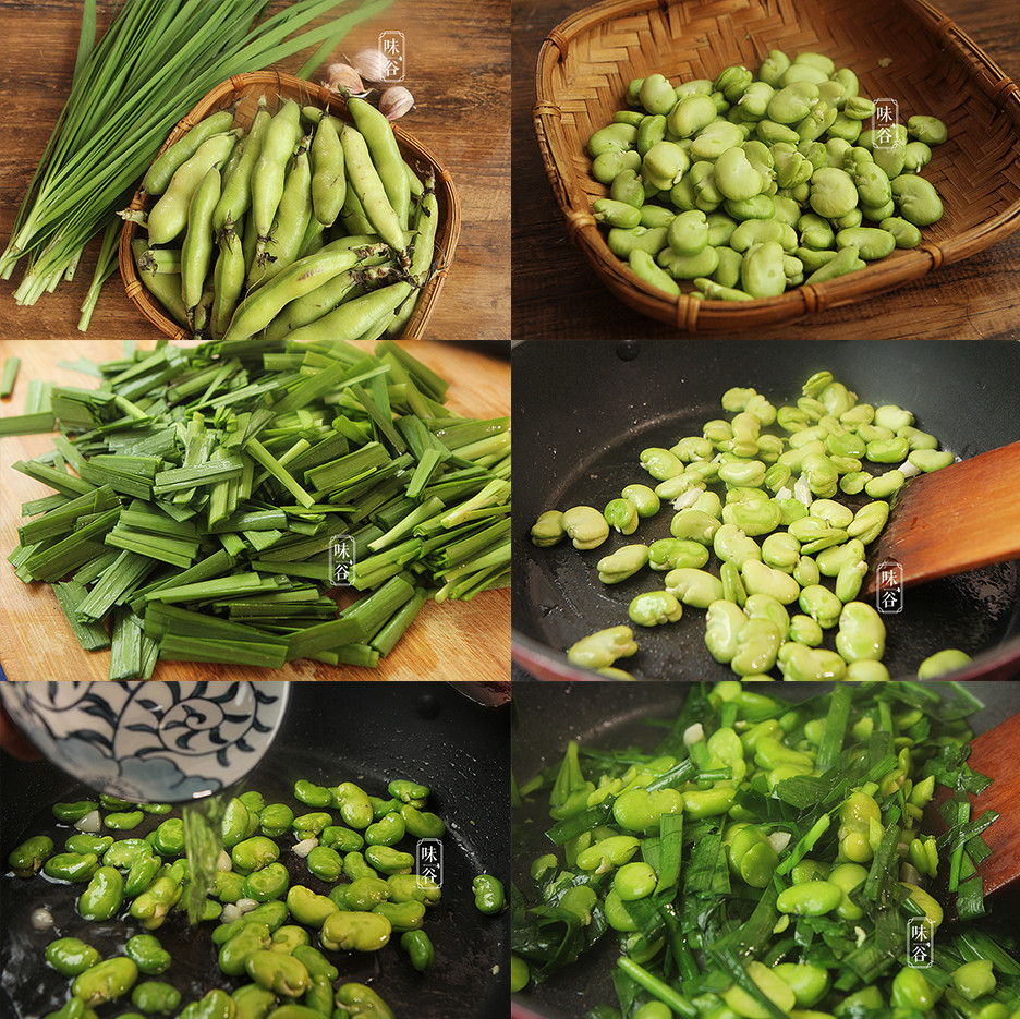 Đậu răng ngựa ngâm nước, bóc vỏ, hẹ cắt thành khúc nhỏ. Phi thơm hành tỏi, cho đậu vào xào trước rồi hẹ vào sau, thêm một chút nước rồi đun trên lửa vừa. Cuối cùng nêm nếm lại gia vị rồi tắt bếp. Cải chíp xào nấm