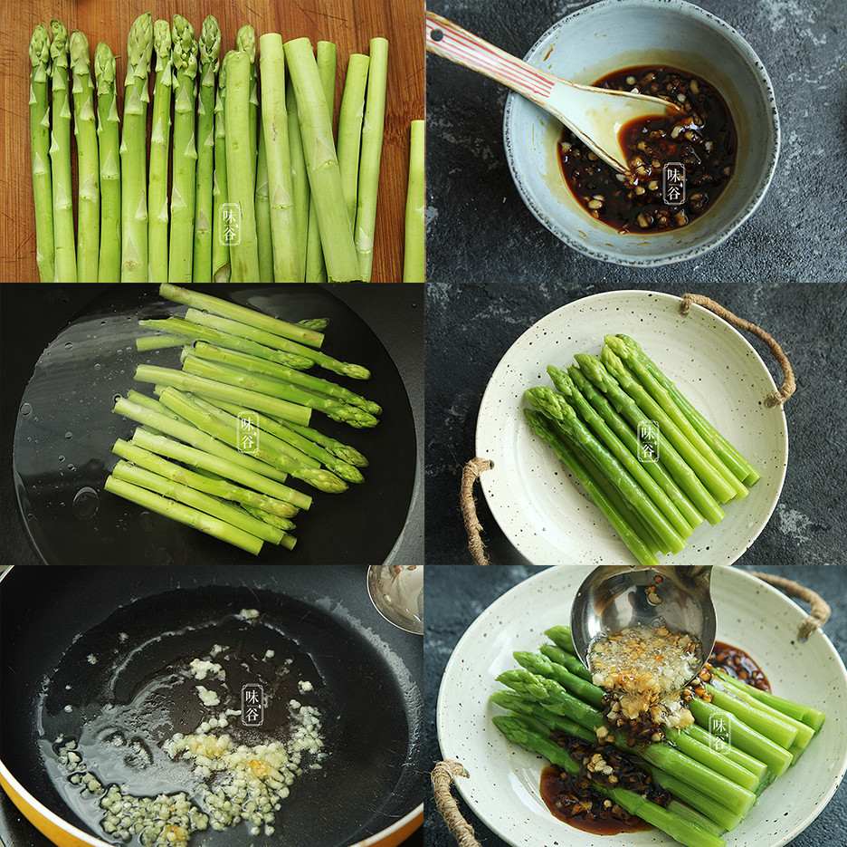 Măng tây cắt bỏ rễ, cắt làm đôi rồi cho vào nồi luộc với một chút muối và vài giọt dầu, rồi vớt ra để vào bát nước lạnh, để ráo nước. Phi thơm hành tỏi, cho nước tương, dầu hào, đường vào đảo đều đến khi sôi lên thì đổ vào đĩa măng tây là xong. Đậu răng ngựa chiên với hẹ