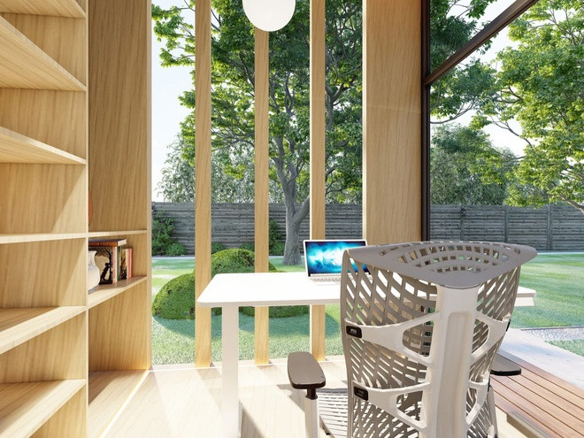 Văn phòng di động có diện tích 6,3 m2 với thiết kế trần nhà cao gần 3 m và bức tường kính tạo không gian mở thoáng đãng, nhưng vẫn đảm bảo sự kín đáo, riêng tư khi làm việc. Ảnh: Autonomous.