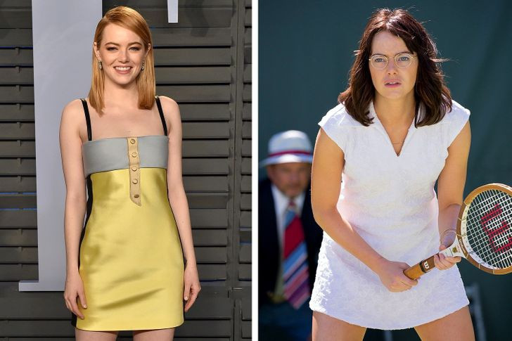 Để xuất hiện trong Battle of the Sexes, Emma Stone phải tăng 7 kg cơ bắp. Hình ảnh vận động viên quần vợt trên phim hoàn toàn trái ngược với ngoại hình thanh mảnh thường thấy của nữ diễn viên. Theo chia sẻ của minh tinh 32 tuổi, cô phải tập luyện vất vả trong 3 tháng với 3-5 buổi/tuần. Nhiều lúc cô phải gánh tạ squat với tổng trọng lượng 84 kg để đạt kết quả tốt nhất.