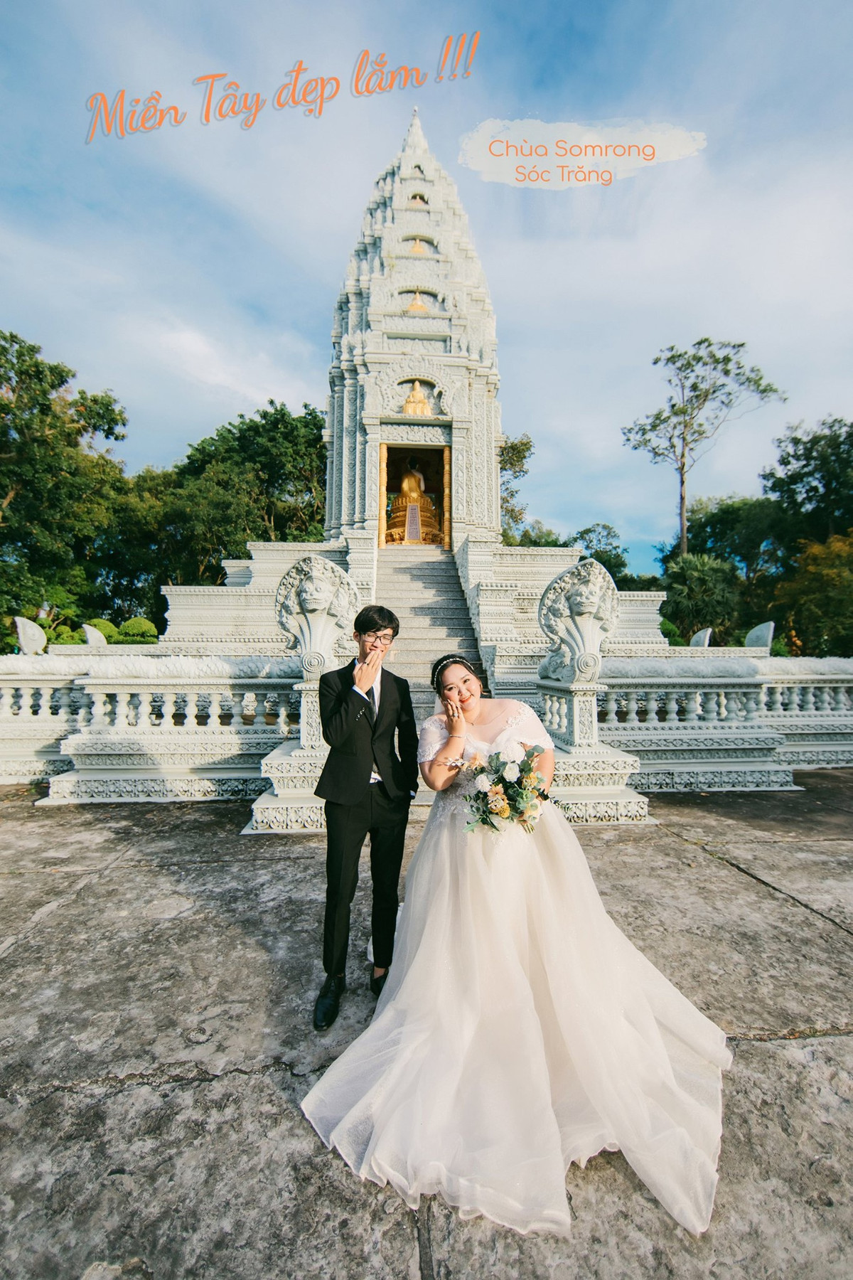 Trên hành trình đi hết 13 tỉnh miền Tây, Anh Thi và Duy Phương đã chụp bộ ảnh pre-wedding ở những danh lam thắng cảnh nổi tiếng gồm: chùa Somrong (Sóc Trăng), chùa Vĩnh Tràng (Tiền Giang), nhà Trăm Cột (Long An), khu điện gió (Bạc Liêu), chùa Kim (Trà Vinh), ĐH Võ Trường Toản (Hậu Giang), cầu Mỹ Thuận (Vĩnh Long), hồ Tà Pạ (An Giang), bến du thuyền khu lấn biển (Kiên Giang), làng hoa Sa Đéc (Đồng Tháp), quảng trường công viên Sông Hậu (Cần Thơ), quảng trường Thanh Niên (Cà Mau), tượng đài Đồng Khởi (Bến Tre). Ngoài TP Cần Thơ là nơi cô dâu sinh sống, hầu hết địa điểm còn lại đôi trẻ chưa từng đặt chân đến nên mọi thứ đều mới mẻ và thú vị.