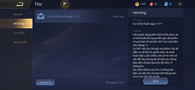 Phản hồi của đại diện Garena khá giống với thư xin lỗi được gửi đến trong hòm thư người chơi sáng ngày 11/11. Để khắc phục sự cố kỹ thuật, nhà phát hành đã tạm đóng máy chủ vào lúc 0h40 ngày 11/11 để xử lý lỗi hệ thống. "Hiện tại, máy chủ đã được mở và có thể truy cập bình thường, người chơi sẽ không gặp phải sự cố như trước nữa. Quá trình thu hồi vật phẩm vẫn đang được thực thi cuốn chiếu, áp dụng với tất cả trường hợp nhận được vật phẩm do lỗi kỹ thuật. Chúng tôi cũng đã gửi một phần quà vào hòm thư của người chơi vì sự bất tiện trong quá trình sửa lỗi", đại diện Garena nói. Đính kèm thư cáo lỗi là phần quà 1.000 mảnh ngọc, gói thẻ thử tướng, Mảnh Kiếm Specium và Sao Hộ Mệnh đấu hạng được gửi đến người chơi. "Quá trình xử lý sự cố sẽ được cập nhật trên các kênh chính thức để tránh cho người chơi bị nhiễu loạn thông tin hoặc có các hiểu lầm đáng tiếc", đại diện Garena cho biết. Trả lời câu hỏi về việc nhiều người chơi nhận được quà tặng là xe máy SH, vị đại diện hứa hẹn sẽ có kế hoạch đưa ra các sự kiện hấp dẫn cho game thủ trong thời gian tới như lời xin lỗi sau sự cố vừa qua.