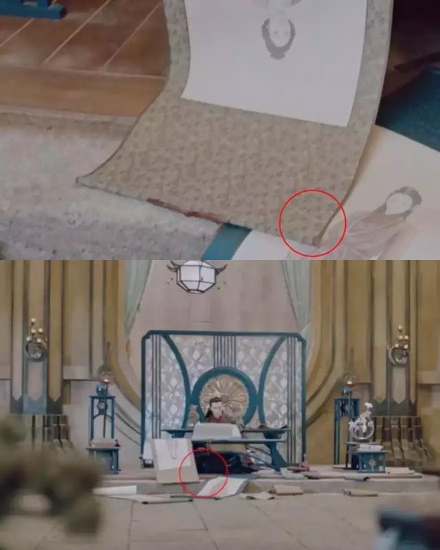 Trường quay nhiều người, việc xáo trộn đạo cụ là điều dễ xảy ra. Trong ảnh, vị trí của hai bức tranh đã thay đổi. Mắc một số hạt sạn, nhưng Thính tuyết lâu được đánh giá là tác phẩm cổ trang kiếm hiệp có kỹ xảo khá tốt, tình tiết nhanh, hấp dẫn. Ảnh: QQ.