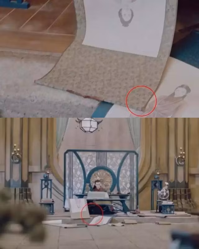 Trường quay nhiều người, việc xáo trộn đạo cụ là điều dễ xảy ra. Trong ảnh, vị trí của hai bức tranh đã thay đổi. Mắc một số hạt sạn, nhưng Thính tuyết lâu được đánh giá là tác phẩm cổ trang kiếm hiệp có kỹ xảo khá tốt, tình tiết nhanh, hấp dẫn. Ảnh: QQ.