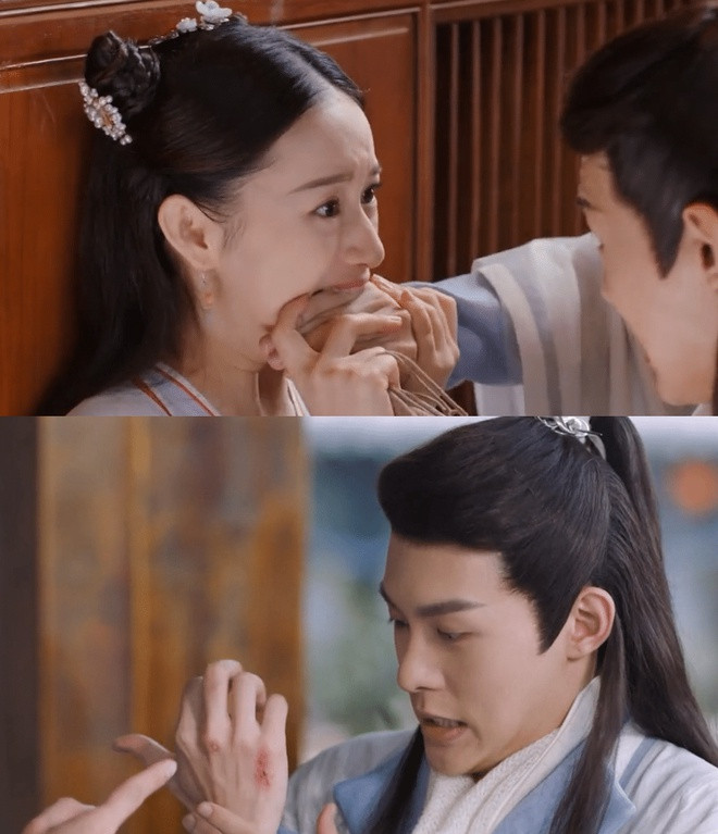 Bộ phim Thuở xưa có ngọn núi Linh Kiếm (2019) cũng có nhiều lỗi trong quá trình biên tập. Ví dụ, cảnh Lưu Ly Tiên cắn Hải Vân Phàm, thực ra cô cắn vào ngón tay út, nhưng sau đó vết thương lại nằm ở mu bàn tay. Ảnh: Sina.