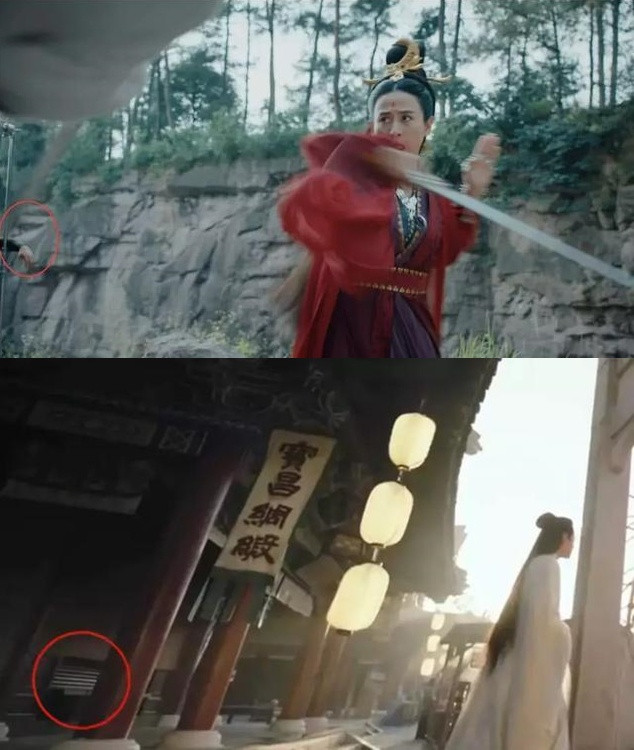 Trong một số cảnh khác, các đồ vật hiện đại như máy quay, tay nhân viên, cửa sắt cũng bị lọt vào khung hình. Ảnh: QQ.