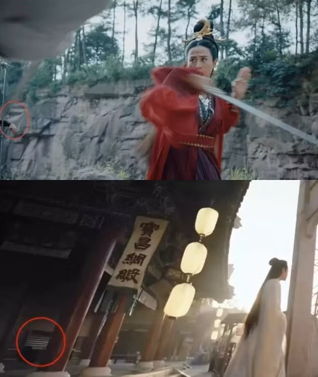 Trong một số cảnh khác, các đồ vật hiện đại như máy quay, tay nhân viên, cửa sắt cũng bị lọt vào khung hình. Ảnh: QQ.