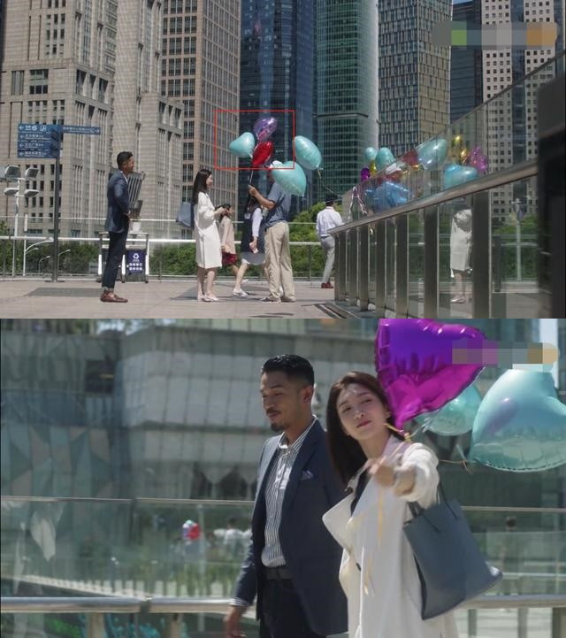 Tương tự, cảnh Lương Chính Hiền tặng bóng cho Vương Mạn Ni, màu sắc các quả bóng thay đổi liên tục. "Có thể họ mua rất nhiều hoặc bóng bị xịt", một khán giả hài hước bình luận. Ảnh: Weibo.