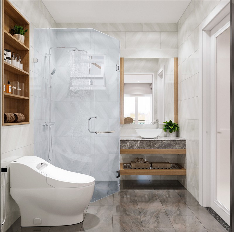 Sàn và tường phòng tắm đều ốp đá, dễ dàng cho việc làm sạch.