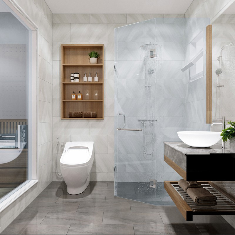 Vách ngăn kính ngăn giữa phòng tắm ướt và phòng tắm khô để tránh nước tràn ra sàn.