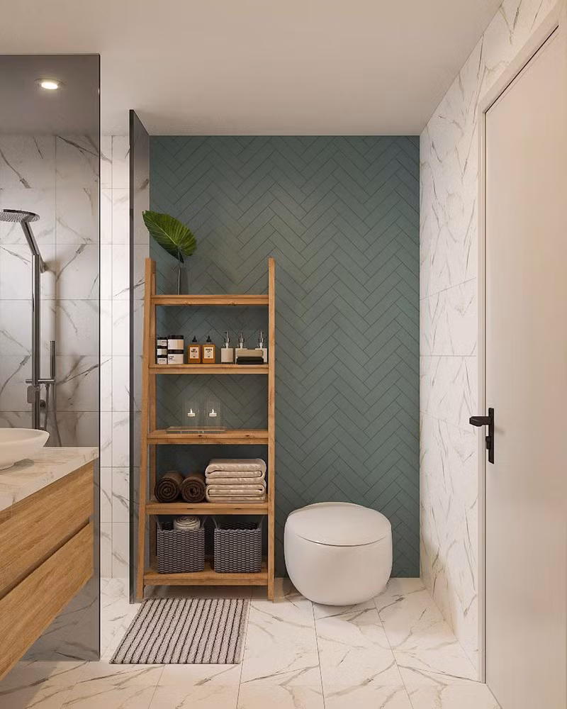 Gạch phòng tắm sắp xếp hình xương cá độc đáo.