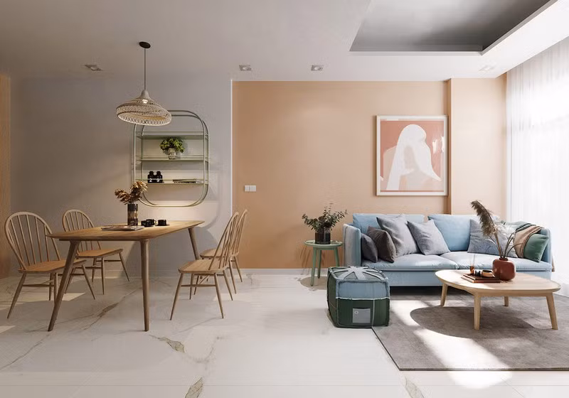 Sử dụng màu sắc để chia phòng khách và phòng ăn thành 2 phần riêng biệt. 