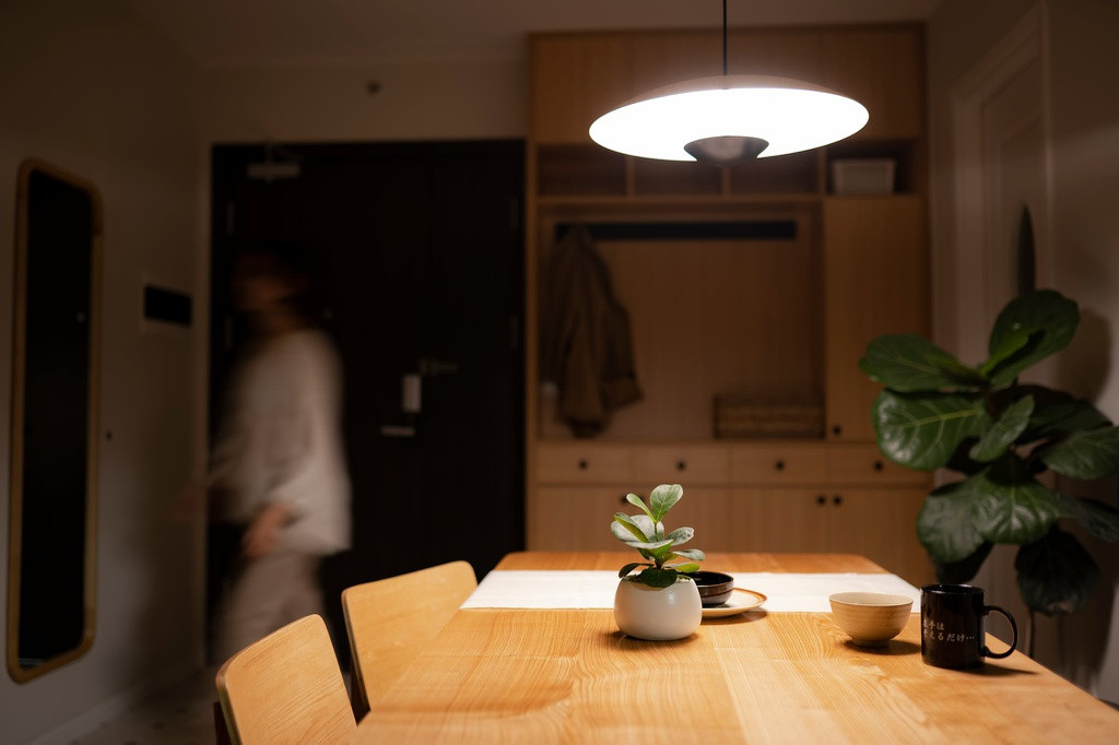 Căn hộ tận dụng tối đa ánh sáng ban ngày. Vào buổi tối, ánh sáng tổng thể được sử dụng chủ đạo cùng điểm nhấn là đèn thả tại bàn ăn.