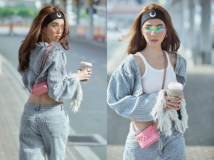 Lần khác, Ngọc Trinh "đổi gió" với kiểu lên đồ có chút hầm hố nhưng vẫn phóng khoáng ra sân bay.