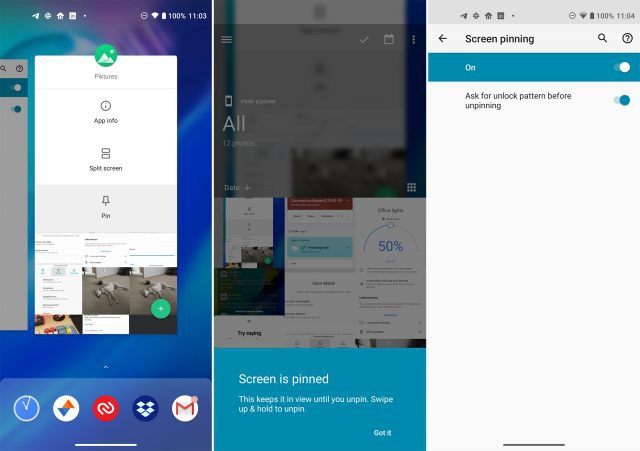  Sử dụng tính năng "Ghim màn hình". Nếu bạn cho người khác mượn điện thoại mà không muốn họ rình mò các ứng dụng, hãy sử dụng tính năng ghim màn hình có sẵn trên đa số thiết bị. Nhấn vào biểu tượng ứng dụng bất kỳ trong giao diện đa nhiệm và chọn “Ghim” để ngăn việc chuyển đổi ứng dụng. Bạn có thể gỡ ghim bằng cách nhập mật khẩu khóa màn hình (nếu có). Ảnh: ExtremeTech.