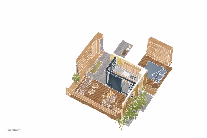 Bản phác thảo đầy đủ các không gian của căn hộ.