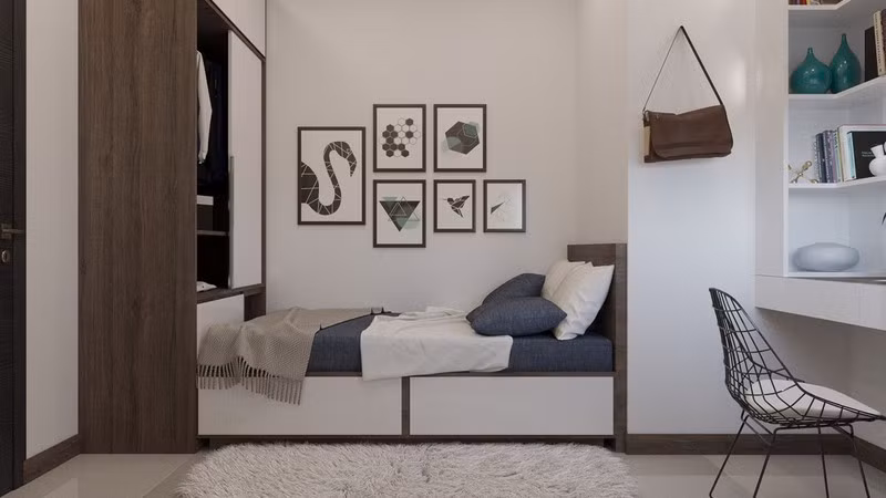 Cửa trượt ngăn giữa giường ngủ và bàn học.