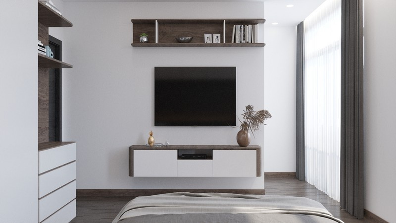 Giá sách, tivi và kệ gắn vào tường tiết kiệm diện tích.