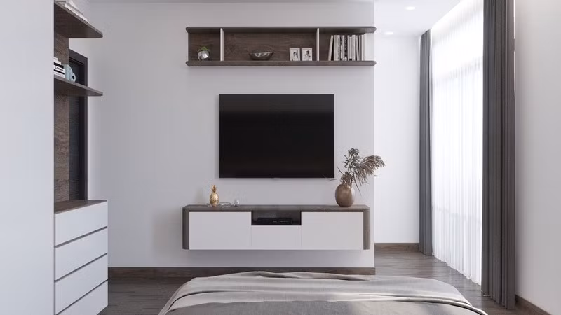 Giá sách, tivi và kệ gắn vào tường tiết kiệm diện tích.