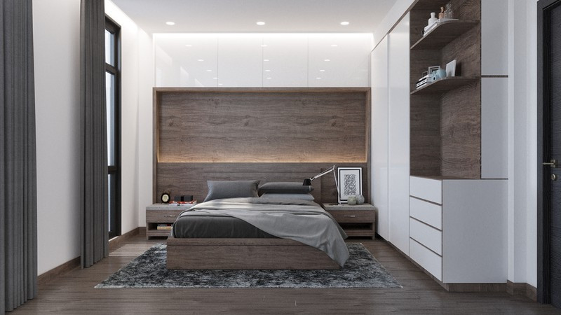 Phòng ngủ bố mẹ sử dụng tủ quần áo âm tường nên vẫn thấy rộng rãi.