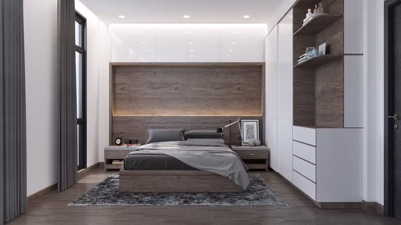 Phòng ngủ bố mẹ sử dụng tủ quần áo âm tường nên vẫn thấy rộng rãi.