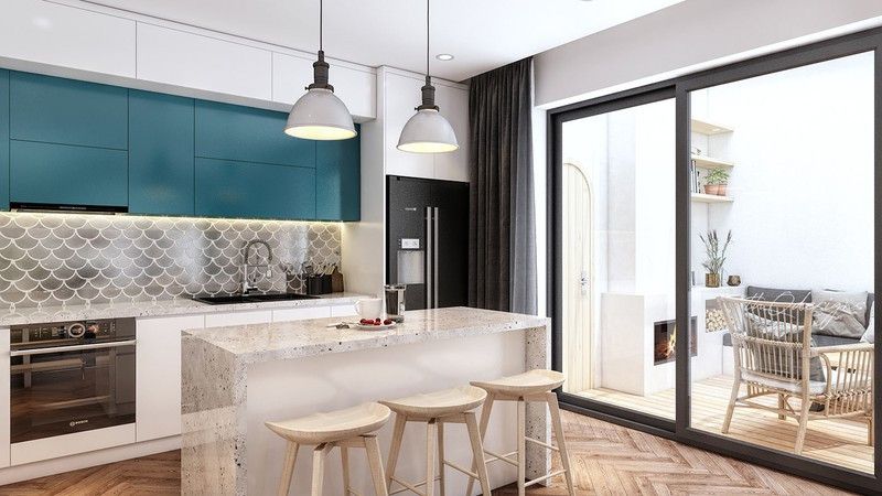 Tủ bếp trên màu xanh ngọc bích là một trong những màu sắc thường được sử dụng trong phong cách nội thất thập niên 70.