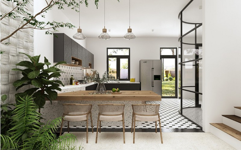  Những chất liệu thiên nhiên được sử dụng triệt để trong căn nhà phố Deluxe Green House, từ đá cẩm thạch, gạch mosaic, đến chất liệu sắt, rất nhiều đồ gỗ, tre, nứa… Sự kết hợp và sắp xếp tinh tế giữa các chất liệu, đem lại cảm giác mới mẻ và sáng tạo.