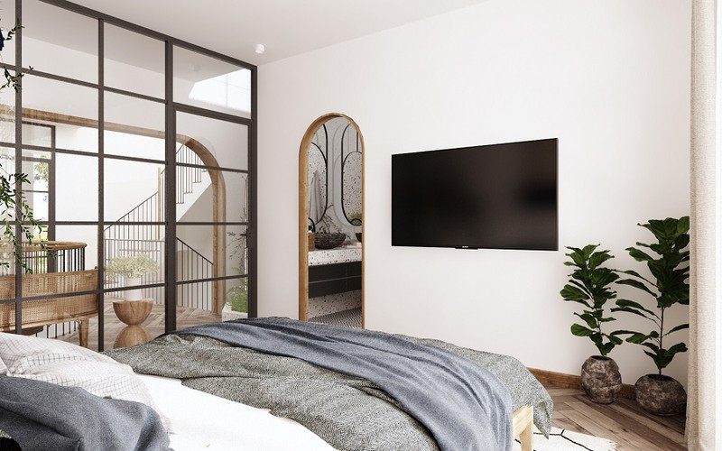  Hai phòng ngủ trên tầng hai cũng như các phòng khác trong nhà đều được thông gió và lấy sáng tự nhiên nhờ một mặt tiếp giáp với bên ngoài và một mặt tiếp giáp với khu vực thông tầng, hạn chế đến mức tối đa sự tiêu hao điện năng.