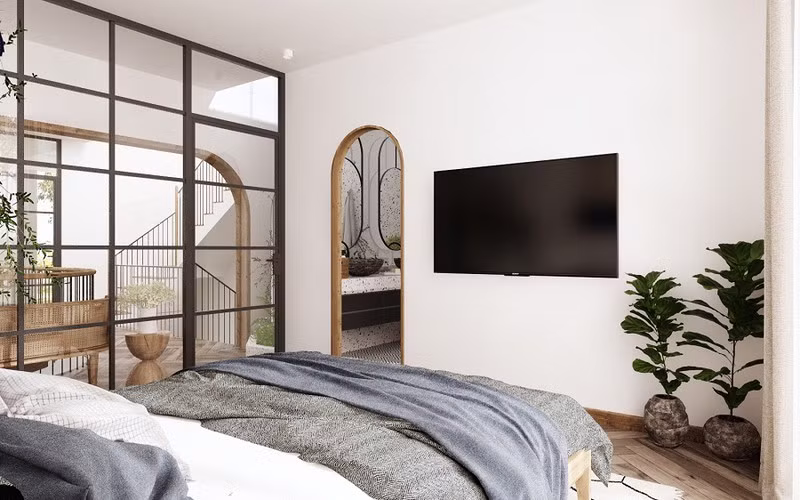  Hai phòng ngủ trên tầng hai cũng như các phòng khác trong nhà đều được thông gió và lấy sáng tự nhiên nhờ một mặt tiếp giáp với bên ngoài và một mặt tiếp giáp với khu vực thông tầng, hạn chế đến mức tối đa sự tiêu hao điện năng.